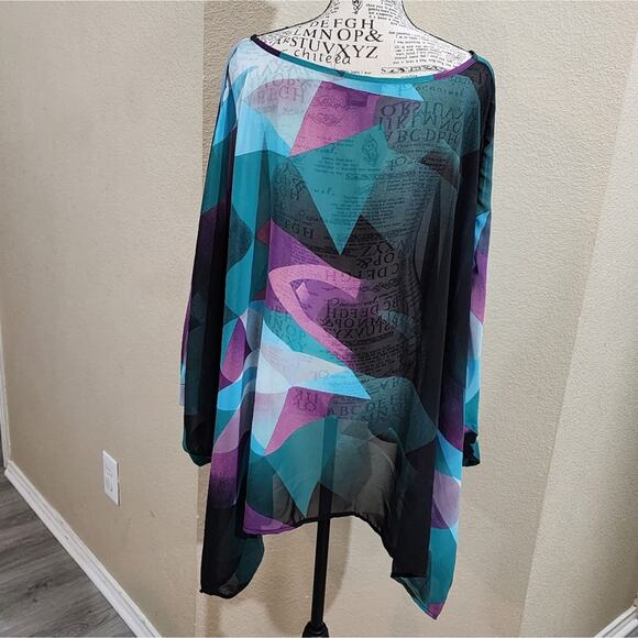 Ashley Stuart Green and purple geometric poncho style tunic plus size 18 20 2X‎ - Picture 3 of 6